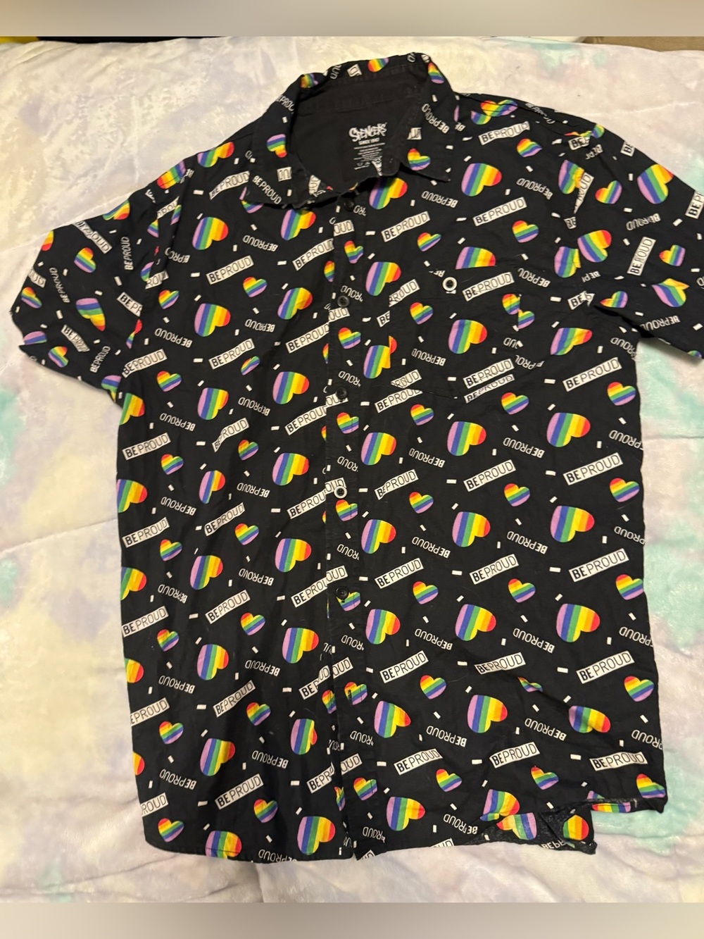 Hot Topic Black Short-Sleeve Button-Up with Rainbow Heart Pride Print